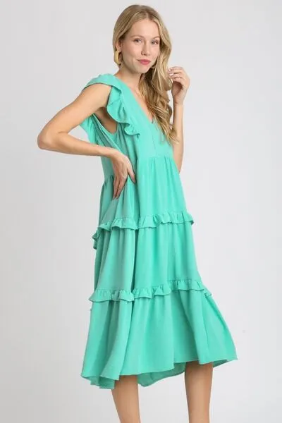 Ruffle Tiered Cap Sleeve Midi Dress Plus Size Available