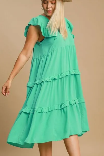 Ruffle Tiered Cap Sleeve Midi Dress Plus Size Available