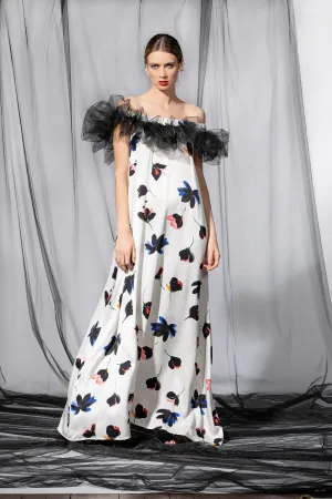 Ruffle Tulle Maxi Dress in Floral Pattern, Off-the-shoulder Dress, Floral Party Dress, Extravagant Evening Dress, Plus Size Cocktail Dress