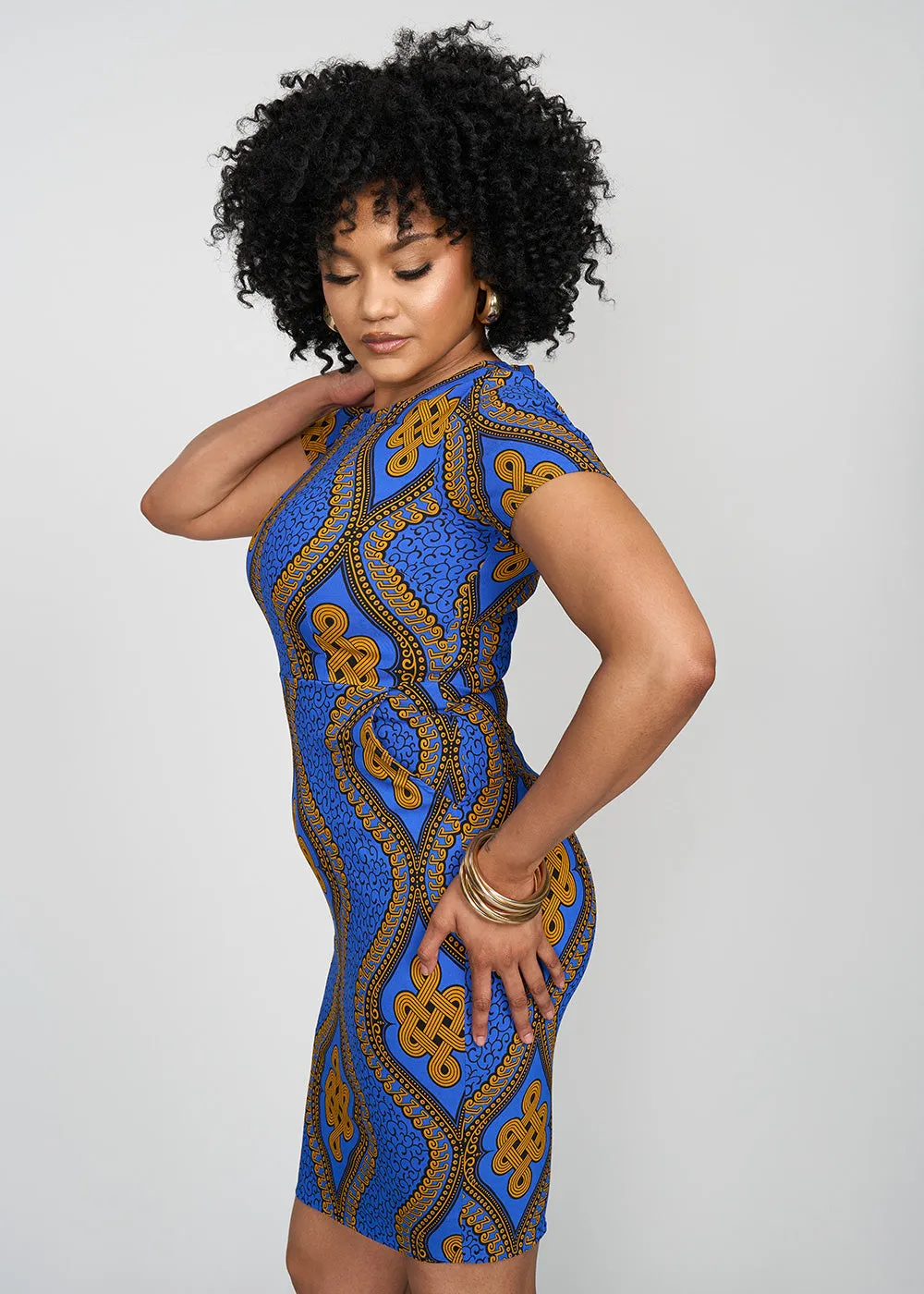 Sabella Women's African Print Stretch Dress (Gold Blue Motif) - Clearance