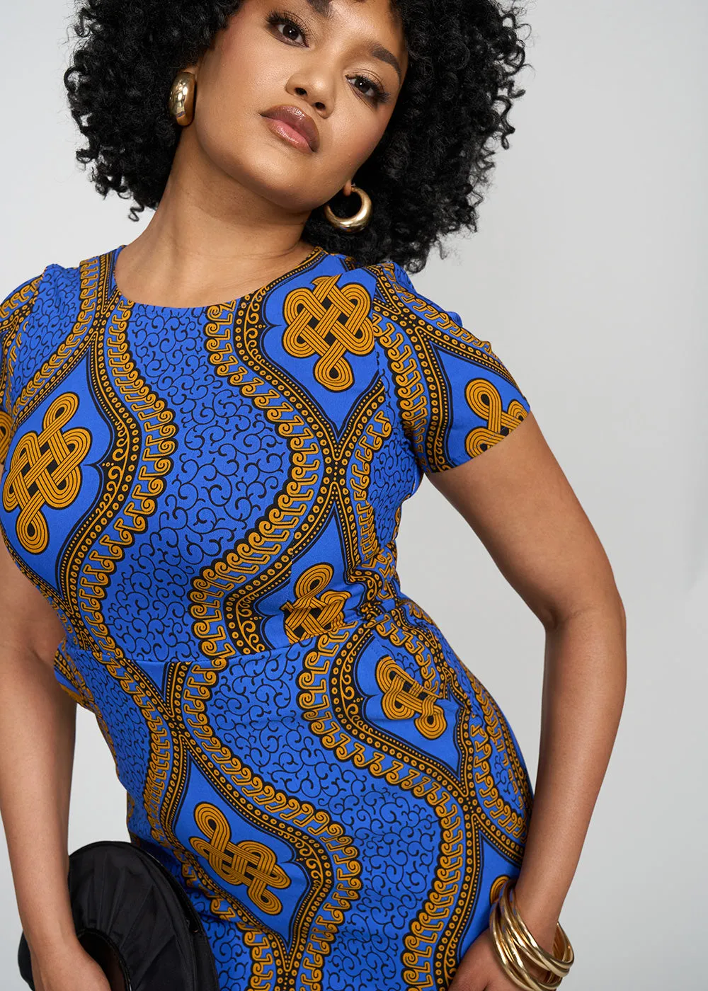 Sabella Women's African Print Stretch Dress (Gold Blue Motif) - Clearance