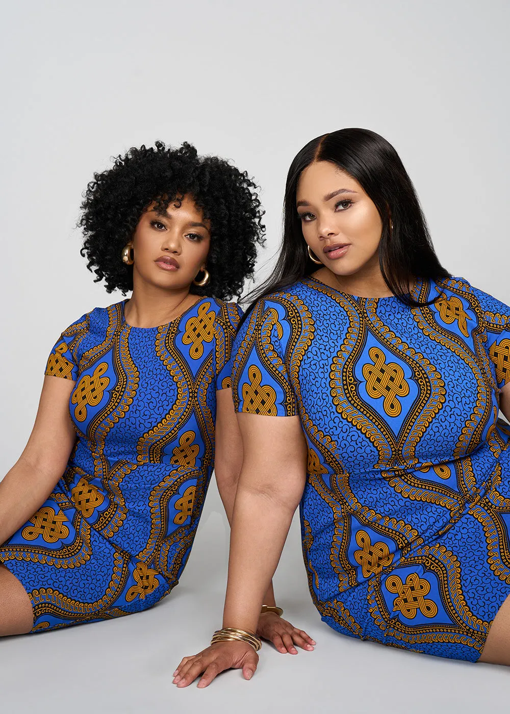 Sabella Women's African Print Stretch Dress (Gold Blue Motif) - Clearance