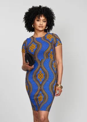 Sabella Women's African Print Stretch Dress (Gold Blue Motif) - Clearance