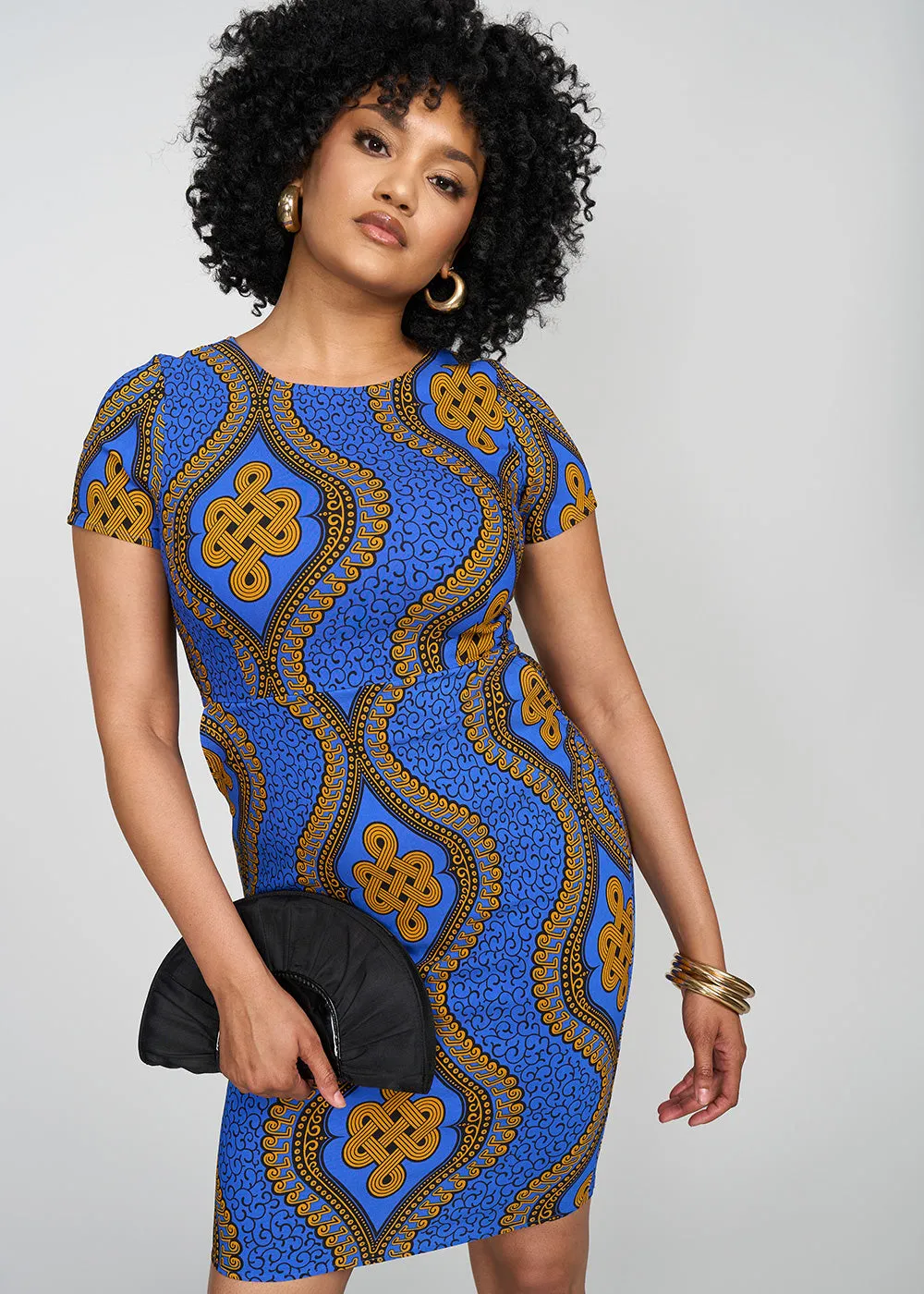 Sabella Women's African Print Stretch Dress (Gold Blue Motif) - Clearance