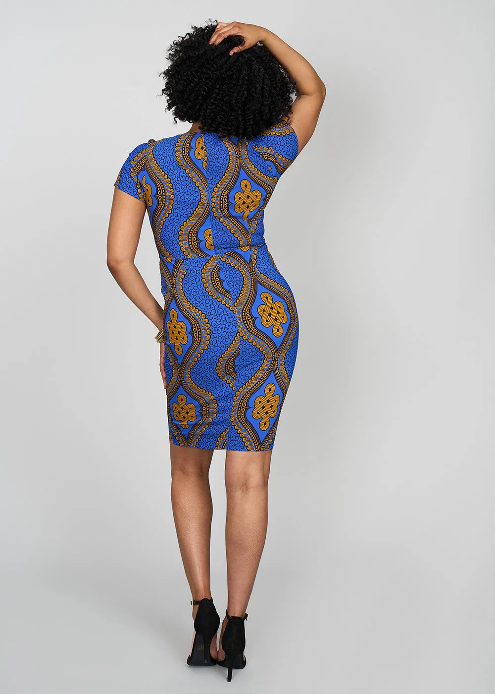 Sabella Women's African Print Stretch Dress (Gold Blue Motif) - Clearance