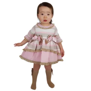 *SALE* Ceyber Baby Girls Pink and Tan Sleeved Dress 6M