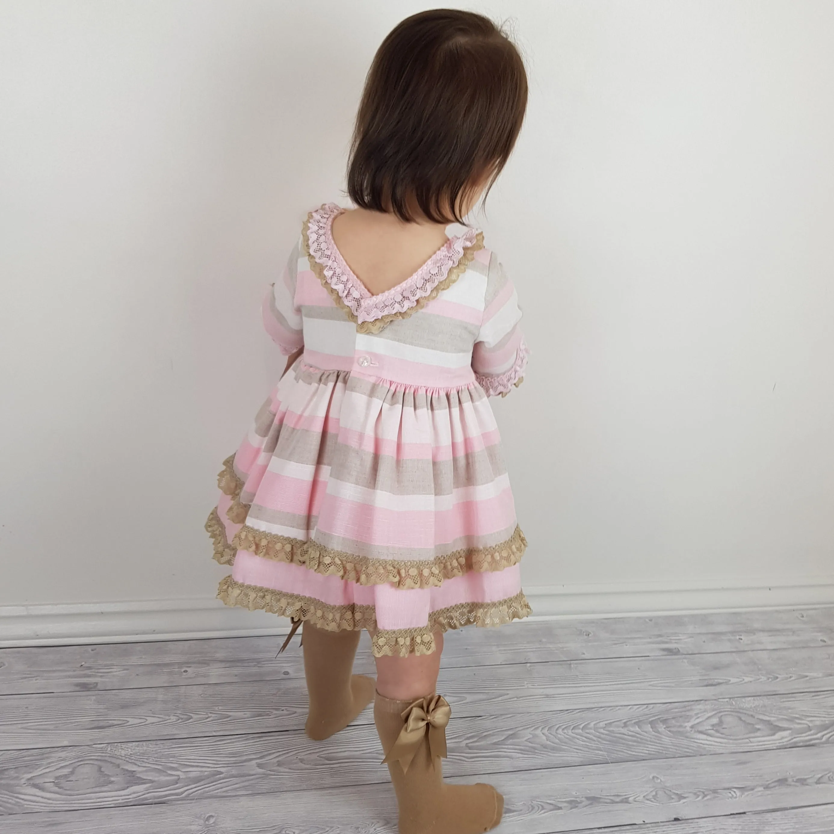 *SALE* Ceyber Baby Girls Pink and Tan Sleeved Dress 6M