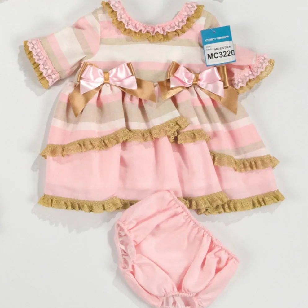 *SALE* Ceyber Baby Girls Pink and Tan Sleeved Dress 6M
