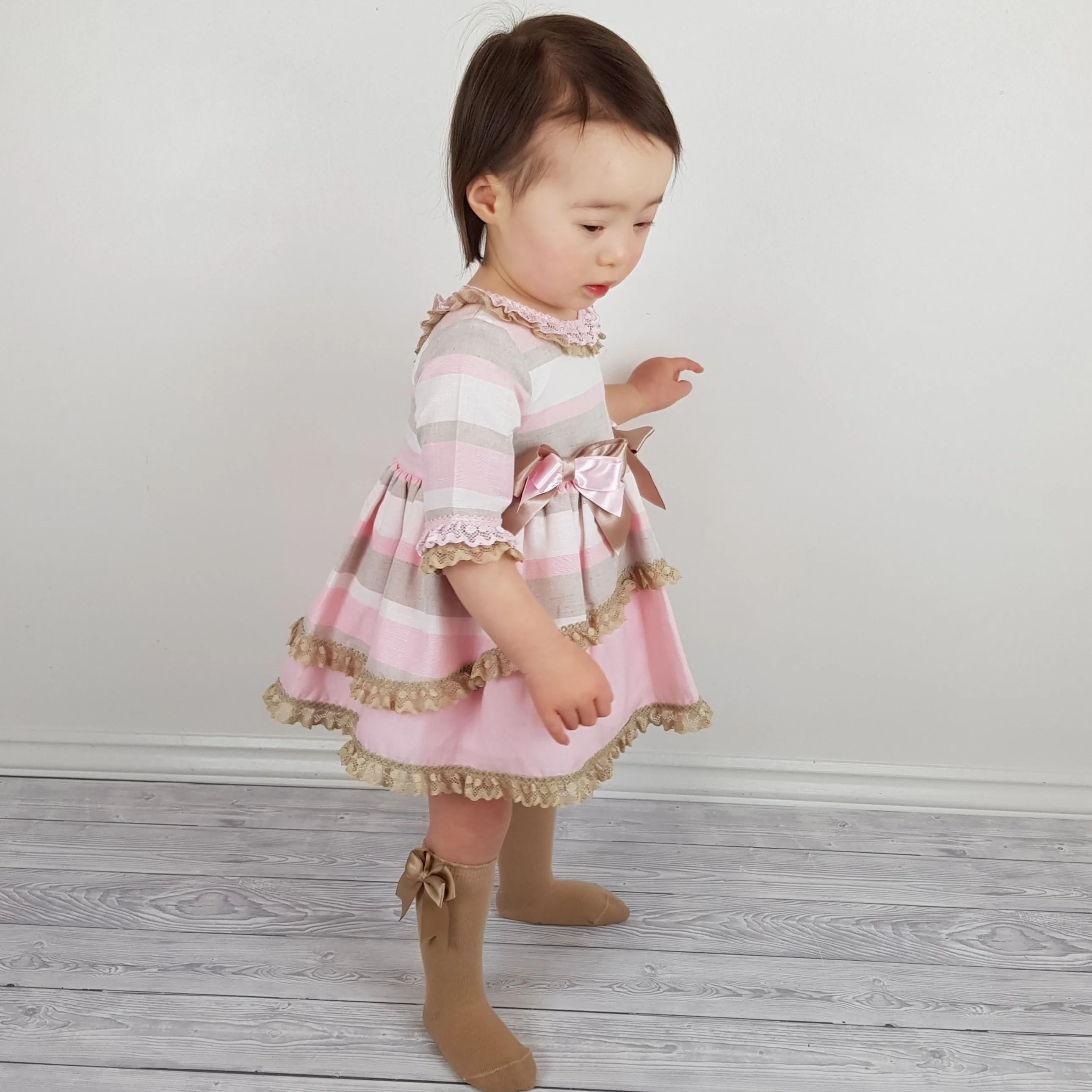 *SALE* Ceyber Baby Girls Pink and Tan Sleeved Dress 6M