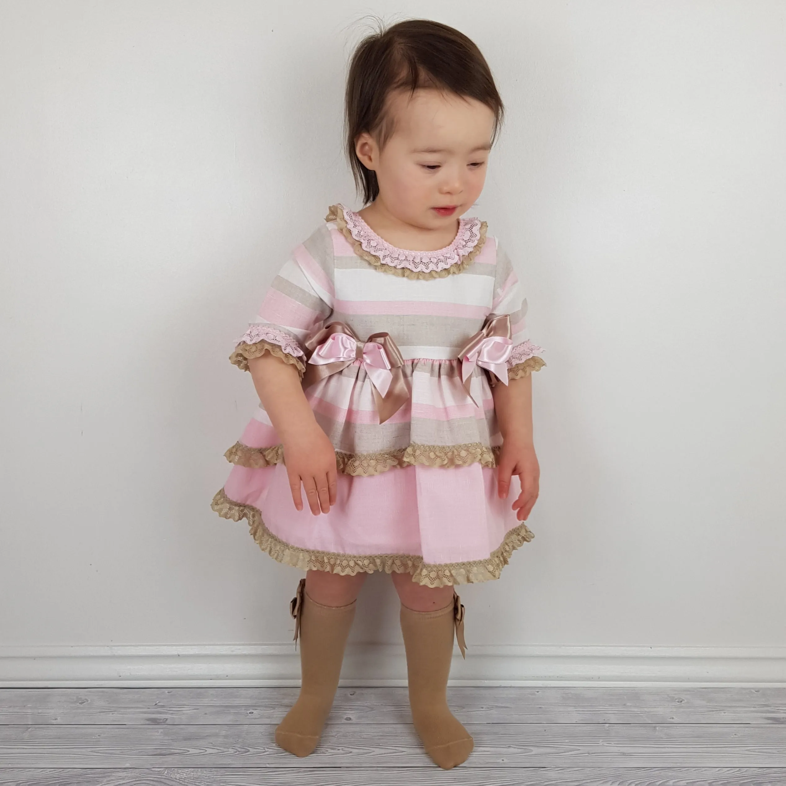 *SALE* Ceyber Baby Girls Pink and Tan Sleeved Dress 6M