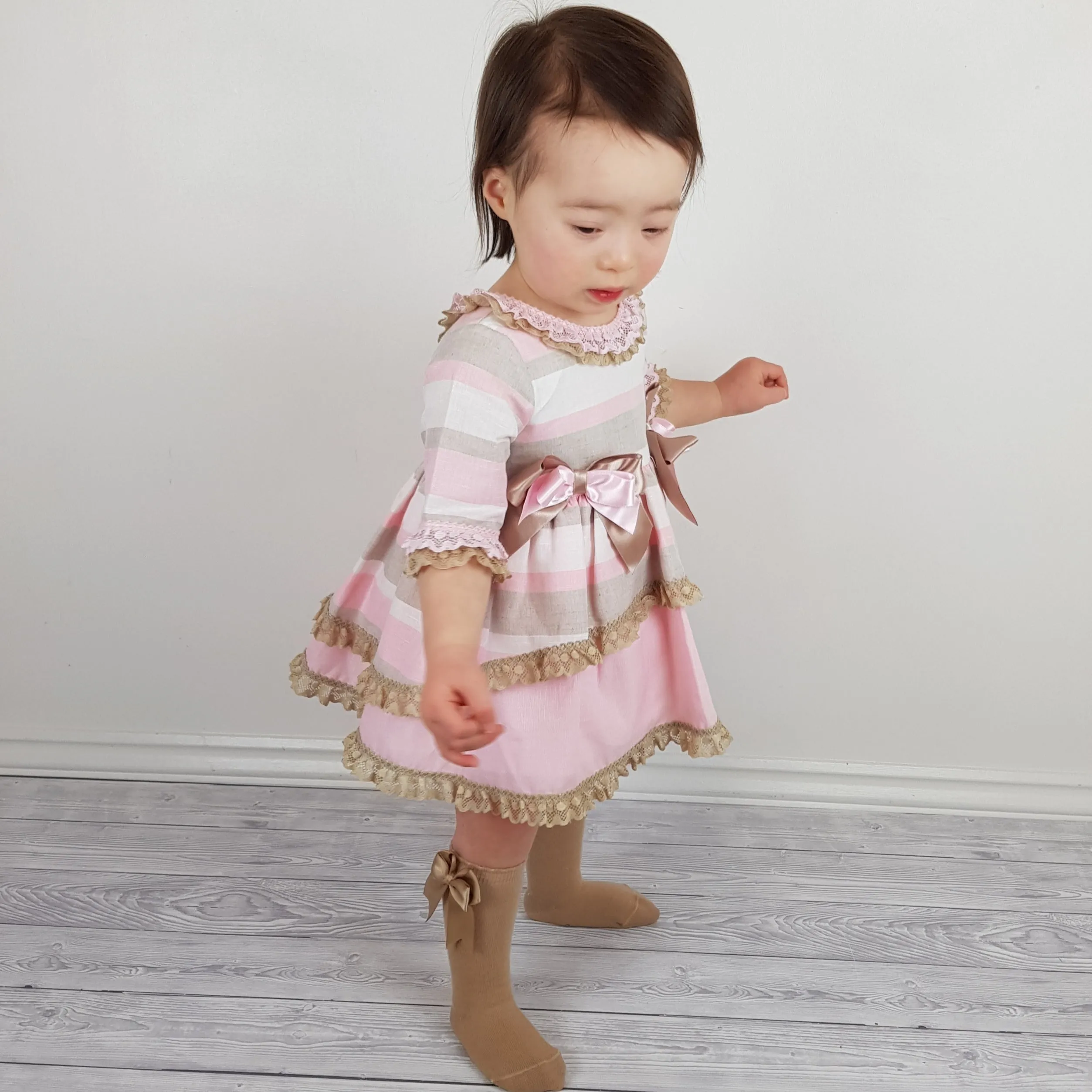 *SALE* Ceyber Baby Girls Pink and Tan Sleeved Dress 6M