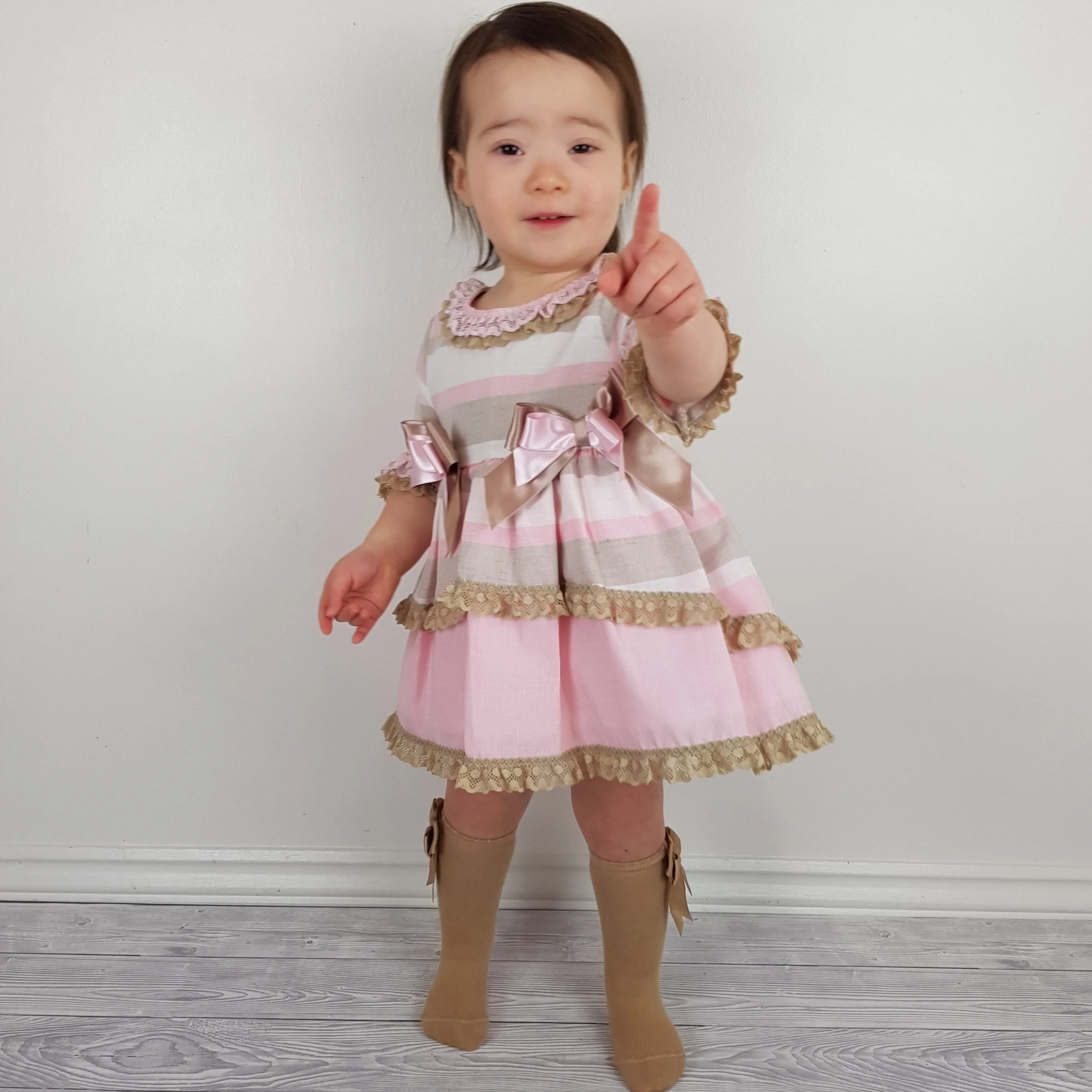 *SALE* Ceyber Baby Girls Pink and Tan Sleeved Dress 6M