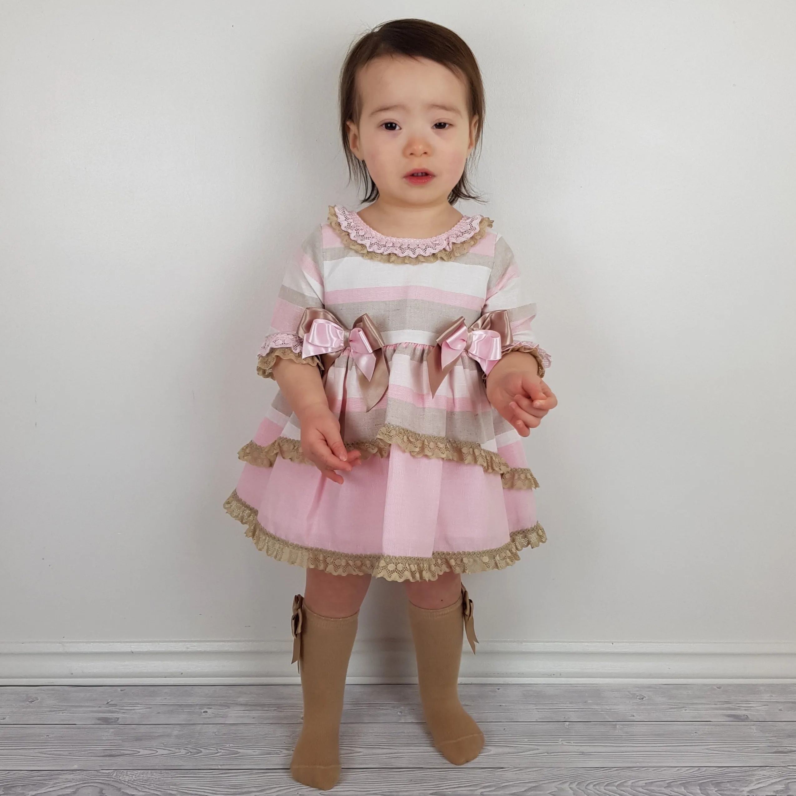 *SALE* Ceyber Baby Girls Pink and Tan Sleeved Dress 6M