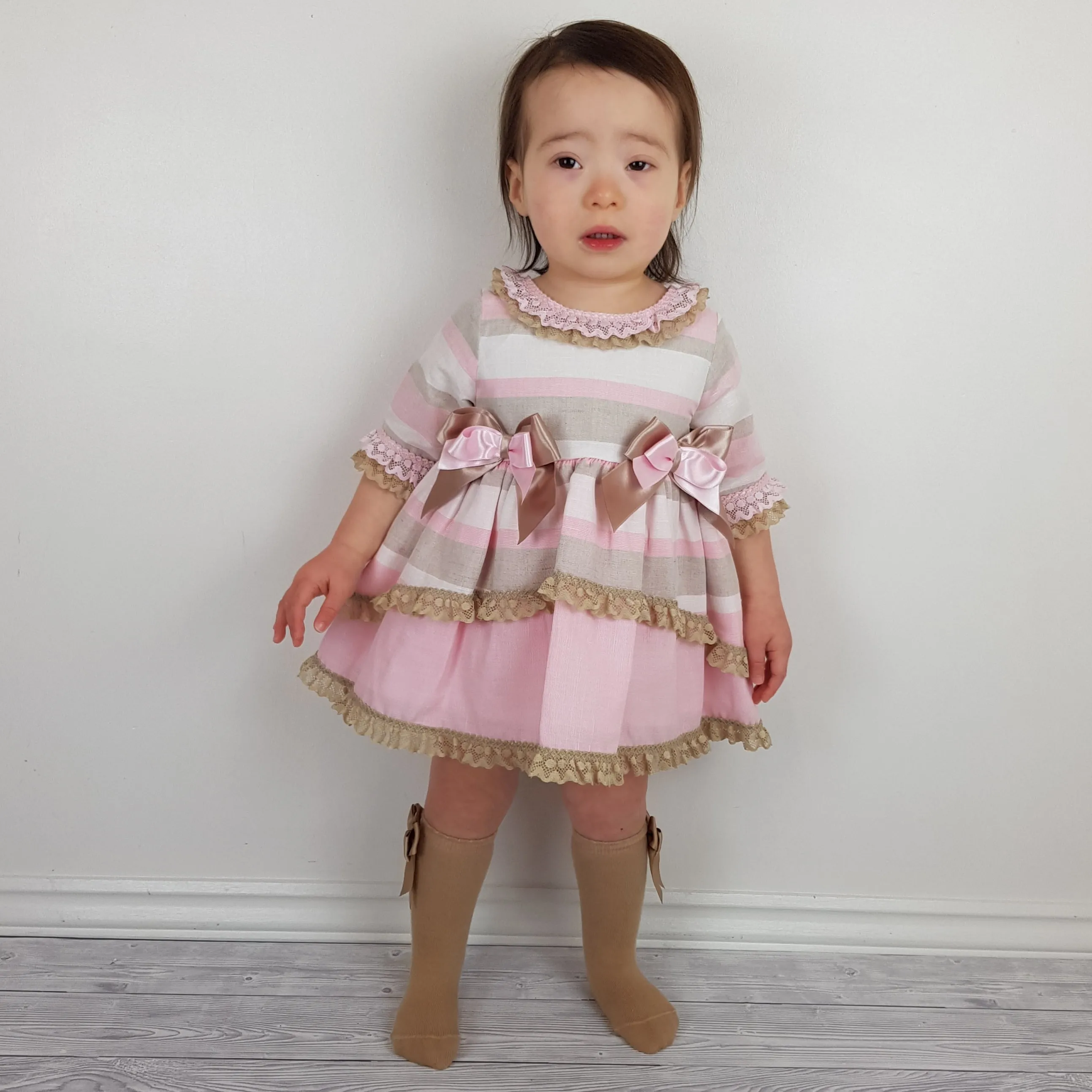 *SALE* Ceyber Baby Girls Pink and Tan Sleeved Dress 6M