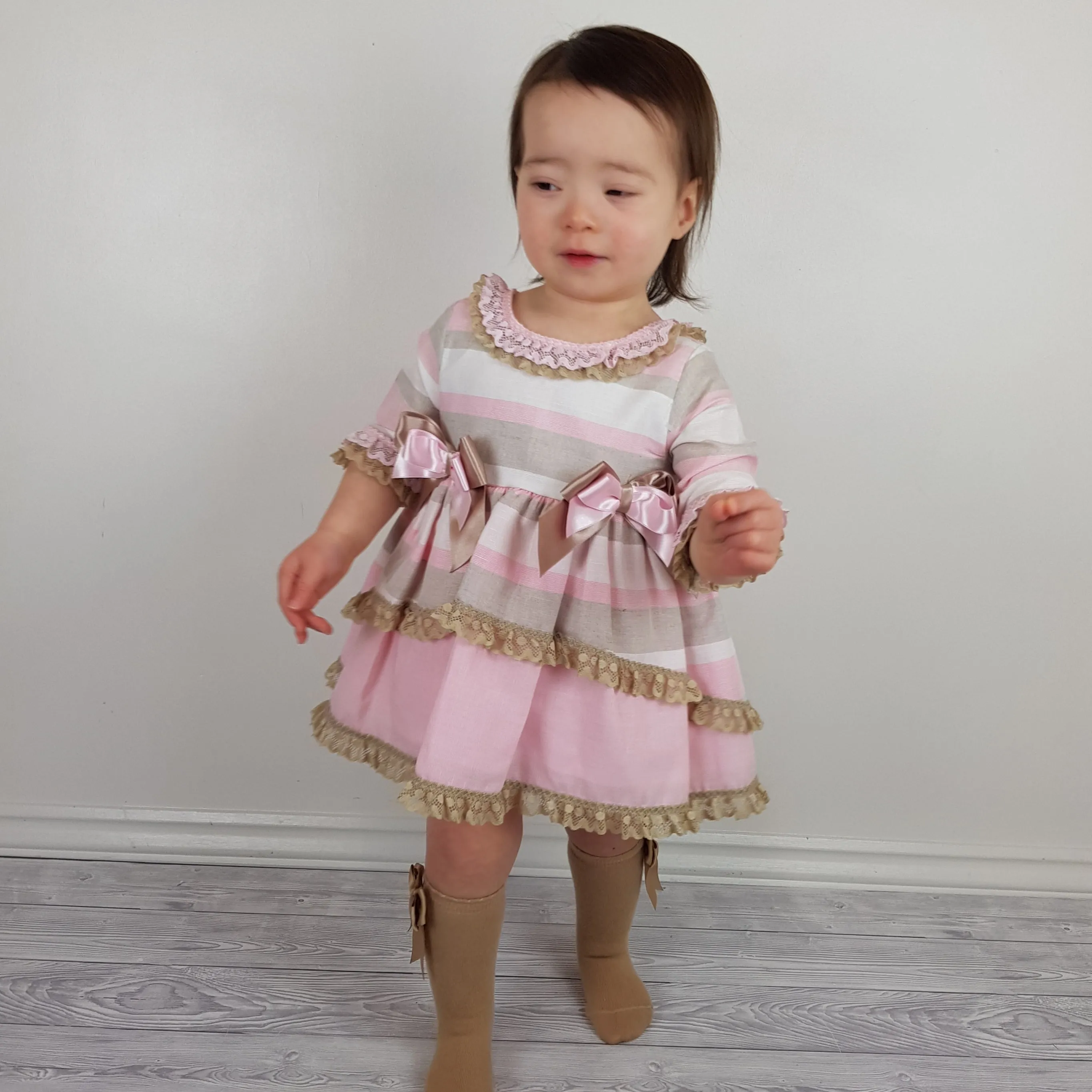 *SALE* Ceyber Baby Girls Pink and Tan Sleeved Dress 6M