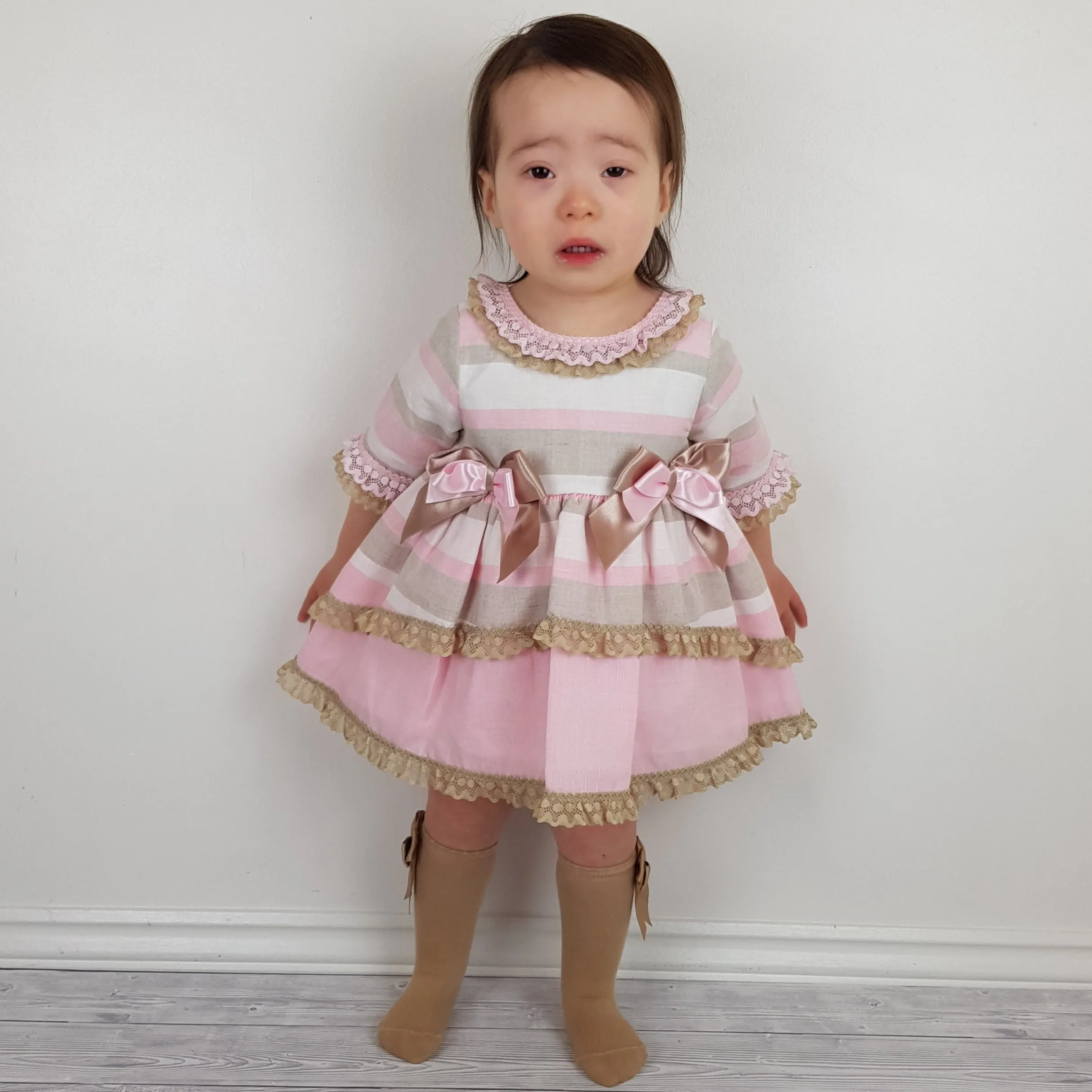 *SALE* Ceyber Baby Girls Pink and Tan Sleeved Dress 6M