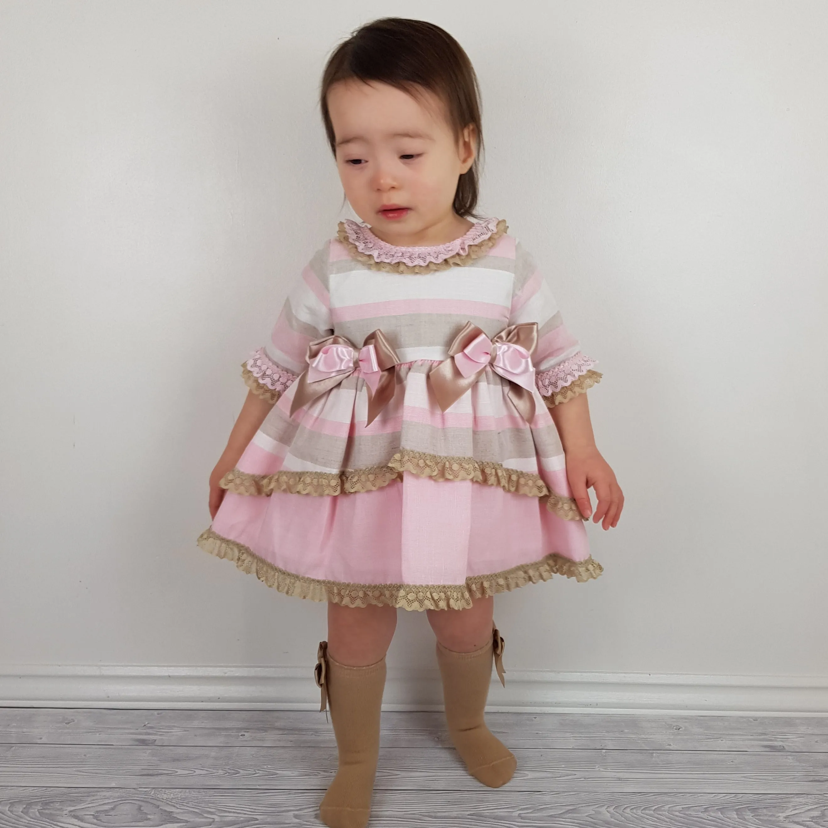 *SALE* Ceyber Baby Girls Pink and Tan Sleeved Dress 6M