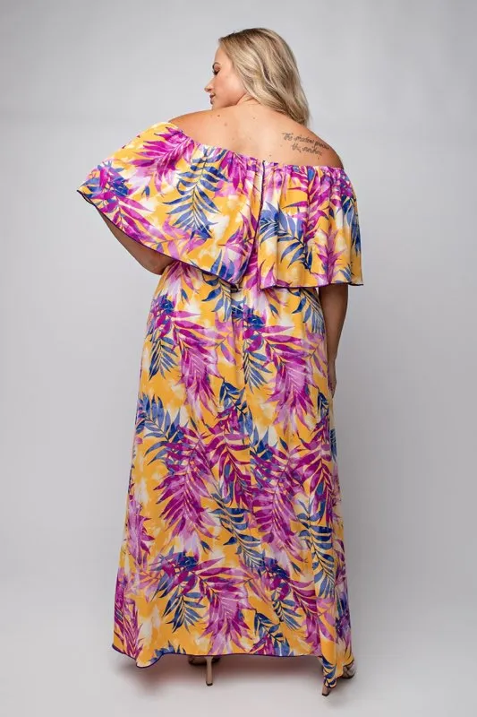 SALE!! LD-A {Waiting On Love} Yellow/Orange Leaf Print Maxi Dress PLUS SIZE 1X 2X 3X