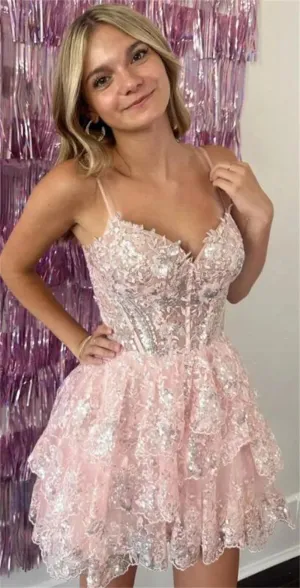 Sansa Short Lace Prom Dresses Spaghetti Strap Mini Tulle Vestidos De Noche Elegant Sleeveless Shiny Sequins Formal Evening