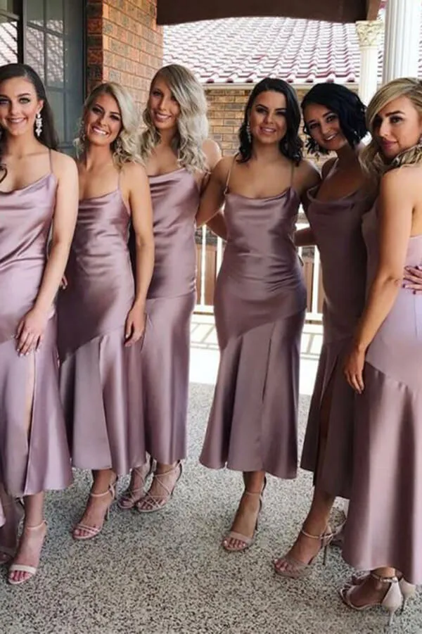 Satin Sheath Spaghetti Straps Cowl Neck Tea-length Bridesmaid Dresses, MBD273