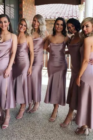 Satin Sheath Spaghetti Straps Cowl Neck Tea-length Bridesmaid Dresses, MBD273