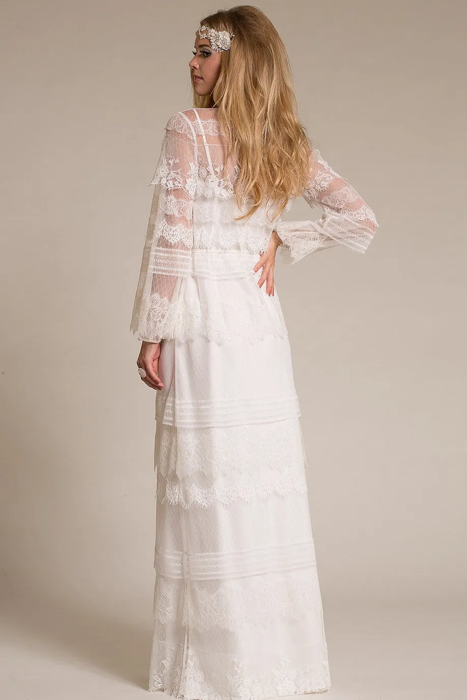 Scoop Long Bell-Sleeve Appliqued Lace Wedding Dress With Tiers And Illusion-MK_702312