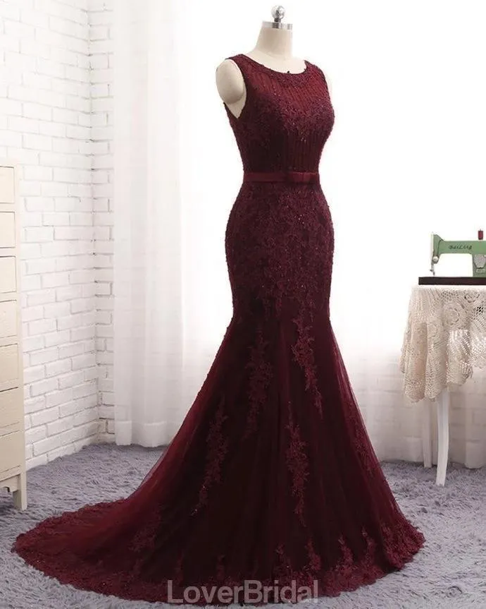 Scoop Maroon Lace Beaded Mermaid Long Evening Prom Dresses, Evening Party Prom Dresses, 12165