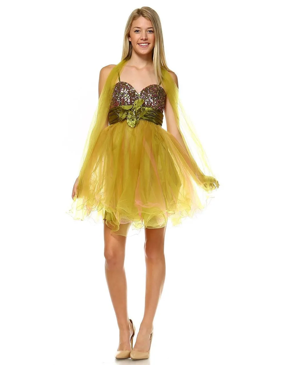 Sequin  Cocktail Babydoll Party Dress with Florette Green PLUS