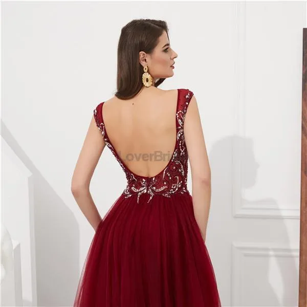 Sexy Backless V Neck Grey Beaded Evening Prom Dresses, Evening Party Prom Dresses, 12077