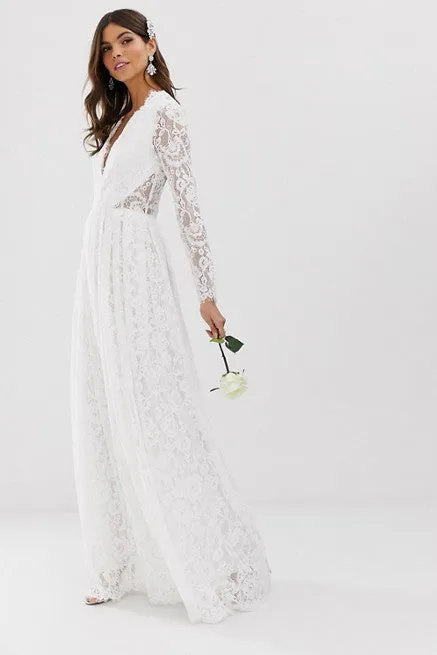 Sexy Lace Sheath Plunging Neckline Keyhole Wedding Dress-715675