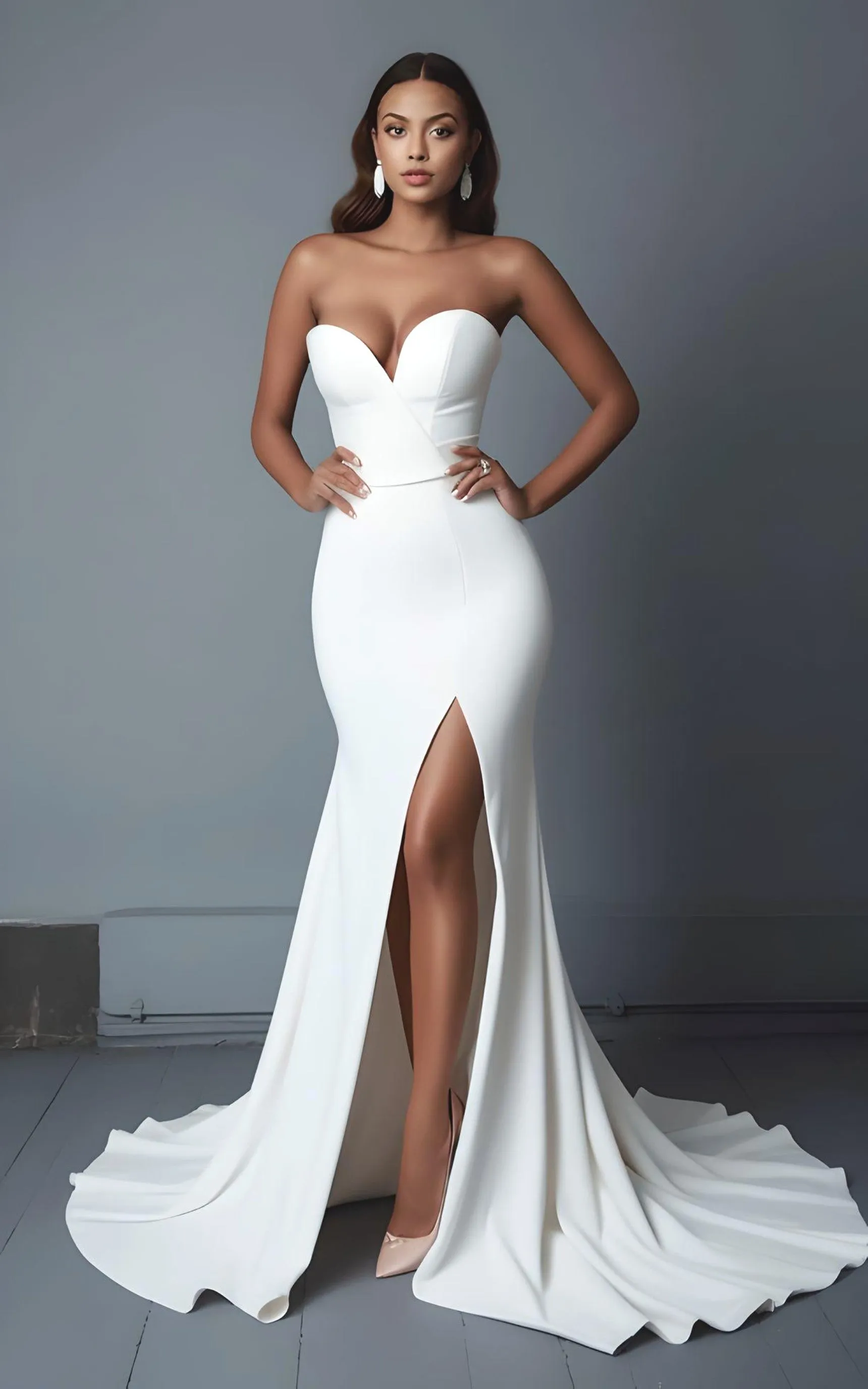 Sexy Mermaid Satin Sleeveless Wedding Dress with Split Front Sweetheart Country Garden Sweep Train Beach Simple Modern-MW_760051