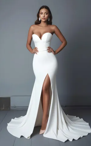 Sexy Mermaid Satin Sleeveless Wedding Dress with Split Front Sweetheart Country Garden Sweep Train Beach Simple Modern-MW_760051