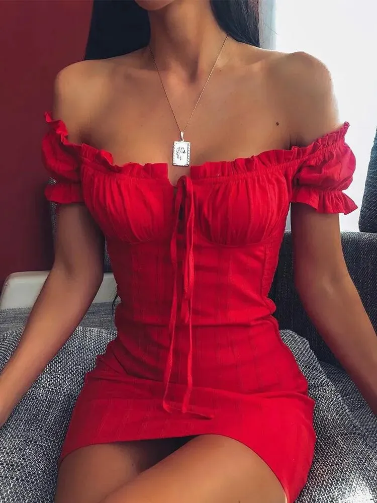 Sexy Off Shoulder Smocked Bodycon Mini Dress With Ruffles