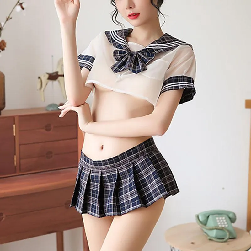 Sexy Plaid Short Transparent School Uniform Lingerie