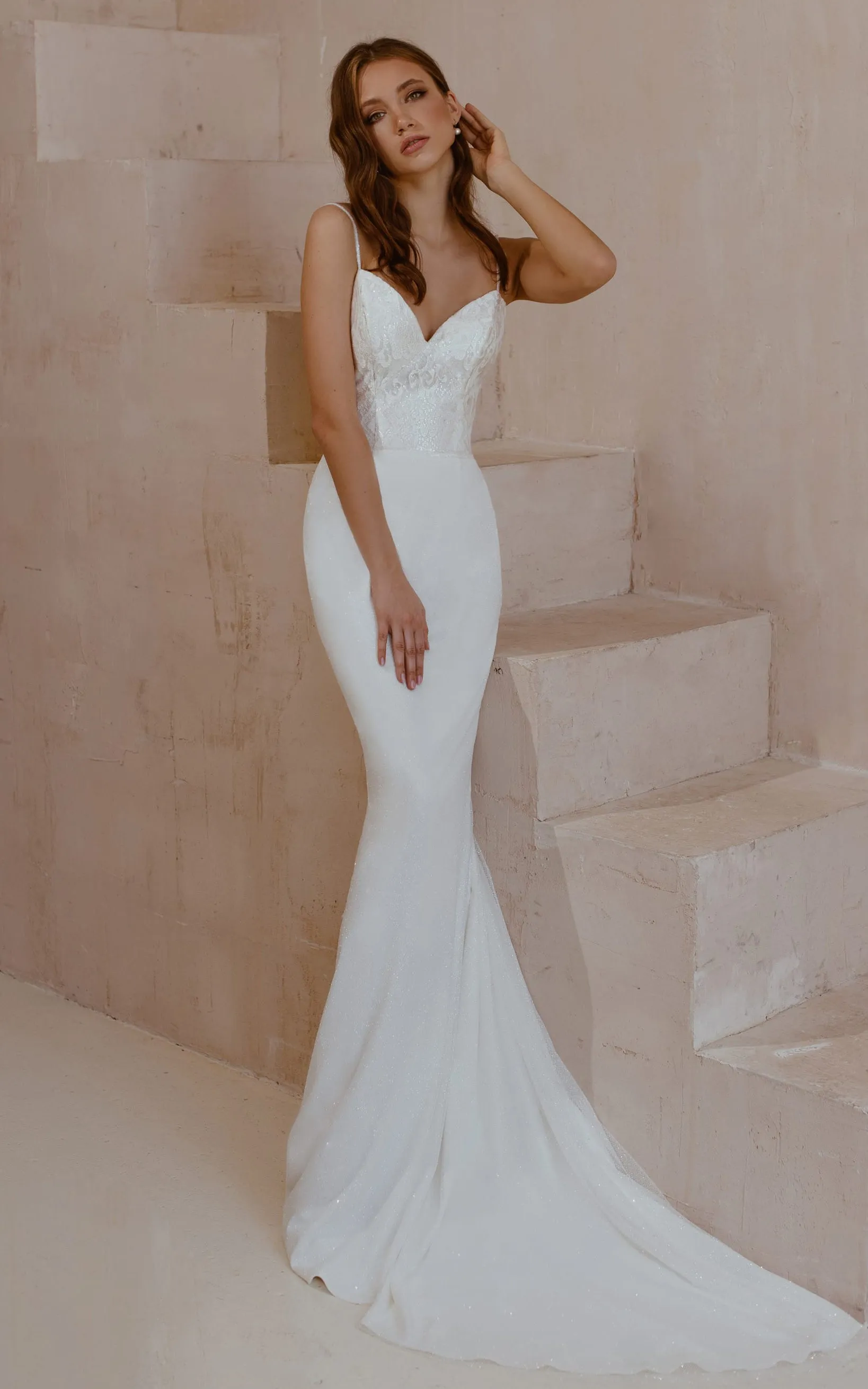 Sexy Satin Lace Sleeveless Spaghetti Mermaid Floor-length Wedding Dress with Sweep Train-715913