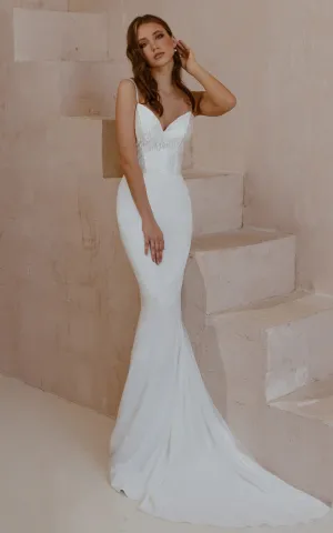 Sexy Satin Lace Sleeveless Spaghetti Mermaid Floor-length Wedding Dress with Sweep Train-715913