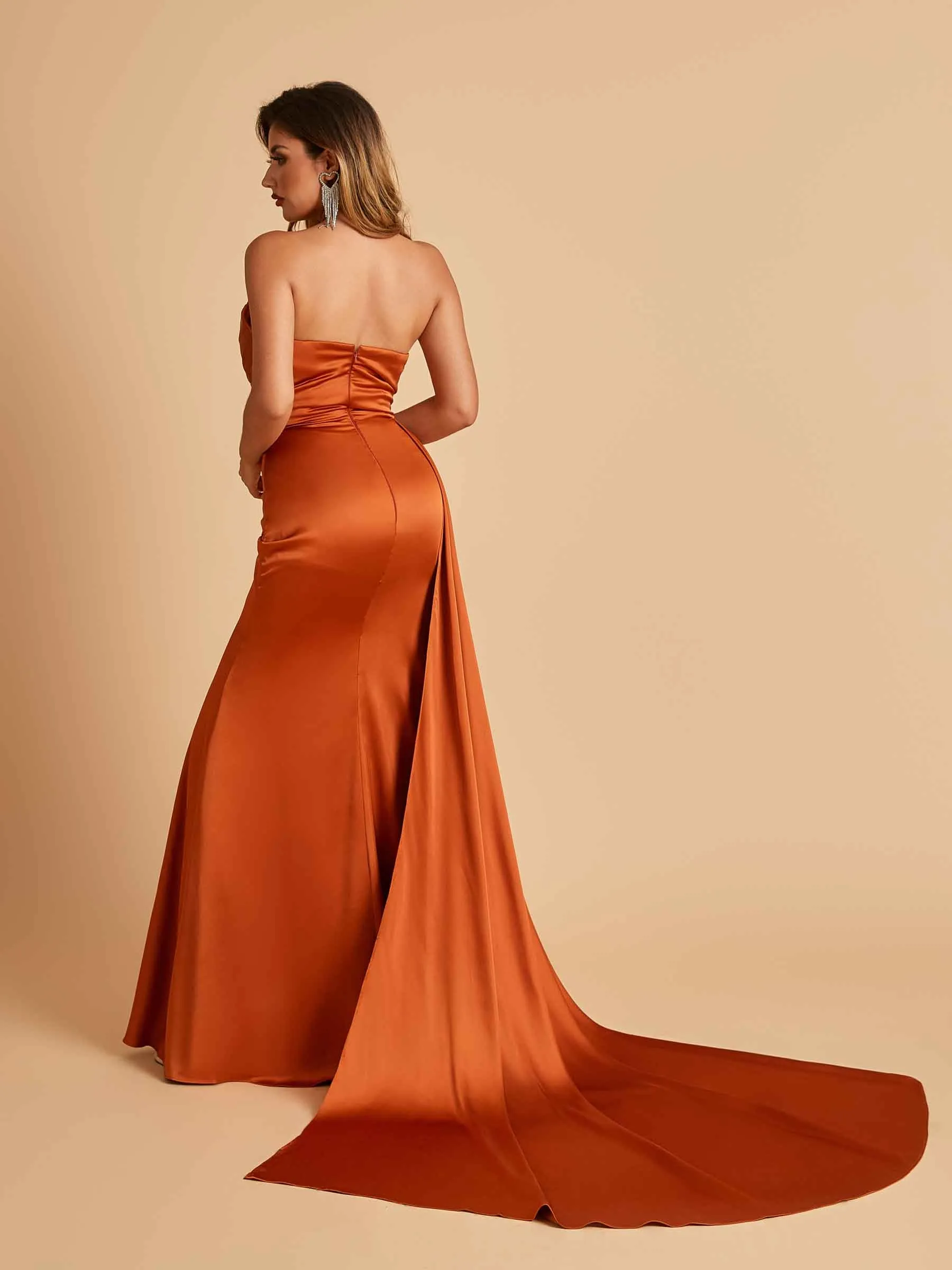 Sexy Satin Sheath Bridesmaid Dresses Strapless Sweetheart Side Slit With Train