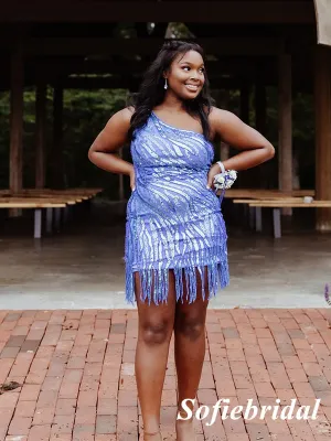 Sexy Sequin Lace One Shoulder Sleeveless Sheath Mini Dresses/ Homecoming Dresses, HD0278