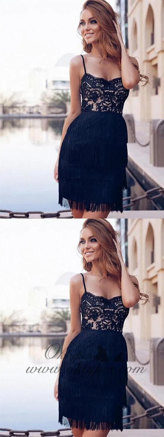 Sexy Sheath Spaghetti Straps Black Lace Homecoming Dresses Online, TYP1184