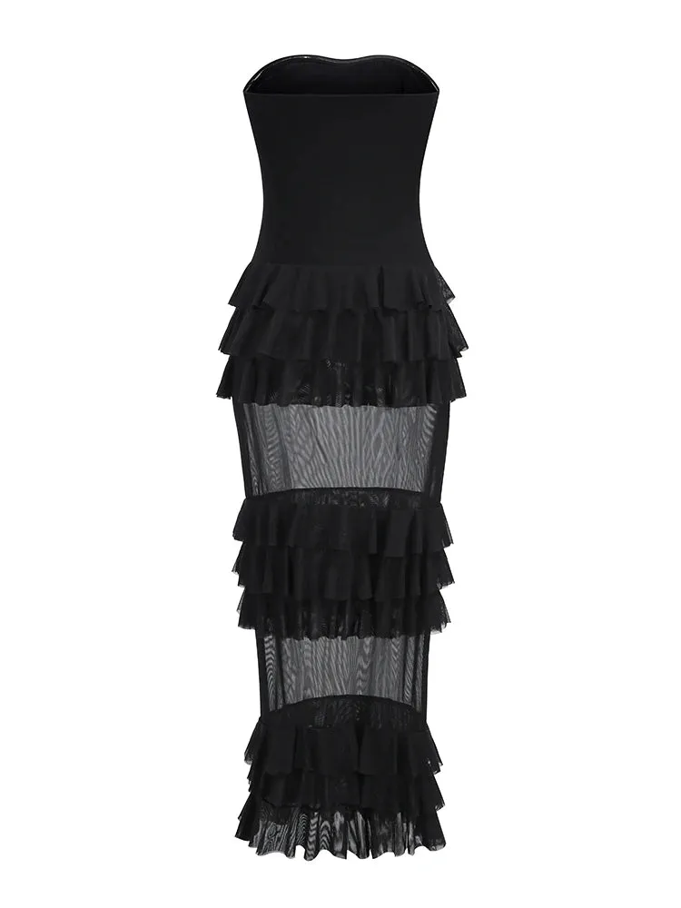 Sexy Strapless Ruffles Patchwork Long Dress