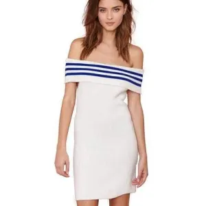 Sexy Style Slash Neck Short Sleeve Striped Splicing Women's Sweater Dress - White S