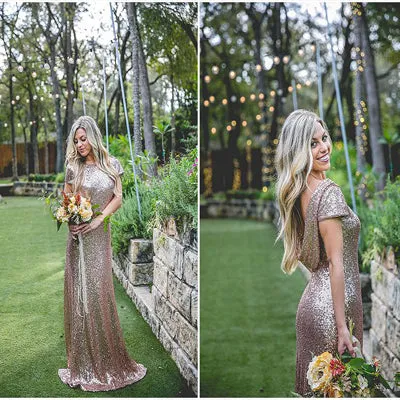 Sheath Cap Sleeves High Neck Blush Sequin Bridesmaid Dress,Cheap Bridesmaid Dresses,WGY0206