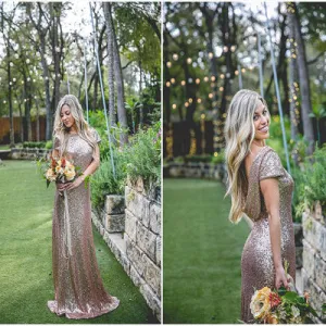 Sheath Cap Sleeves High Neck Blush Sequin Bridesmaid Dress,Cheap Bridesmaid Dresses,WGY0206