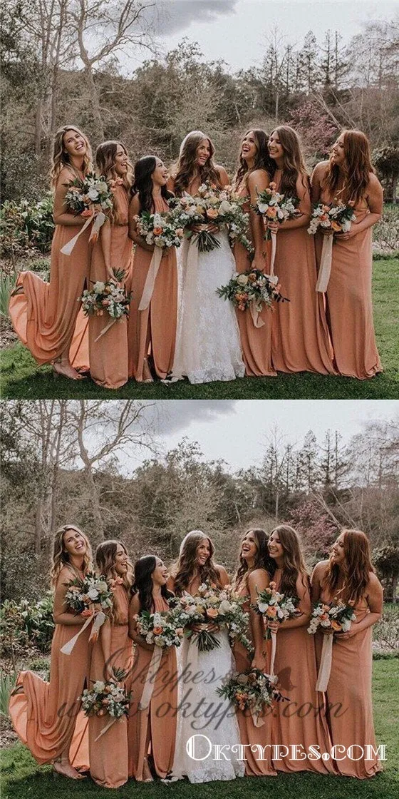 Sheath Crew Long Cheap Dusty Orange Chiffon Bridesmaid Dresses with Split, TYP1369