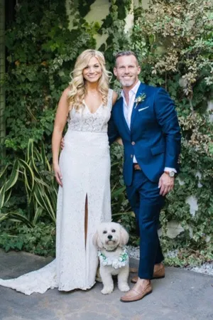 Sheath Lace V-neck Sweep Train Beach Wedding Dresses With Slit, MW1079
