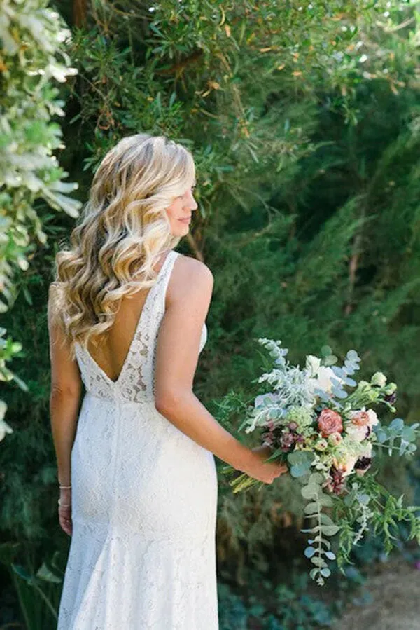 Sheath Lace V-neck Sweep Train Beach Wedding Dresses With Slit, MW1079