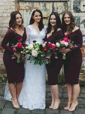 Sheath Off-Shoulder Knee-length Simple Cheap Bridesmaid Dresses, BD0592