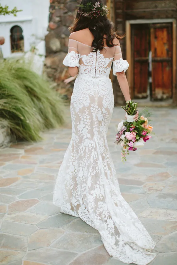 Sheath Off the Shoulder White Lace Long Wedding Dresses,Half Sleeves Wedding Dresses,MW480