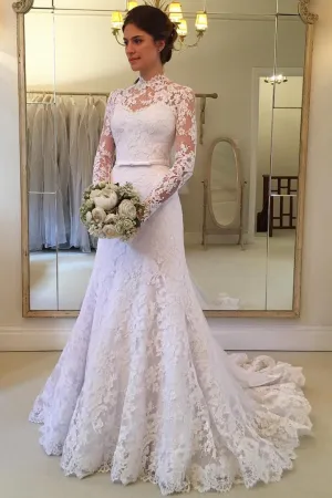 Sheath Small Round Collar Long Sleeves Sweep Train Tulle Applique Lace Wedding Dress