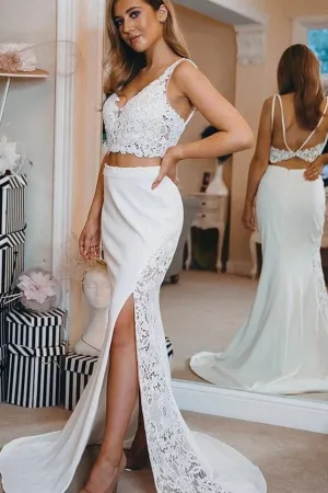 Sheath Spaghetti Strap Front Slit Short Train Applique Wedding Dress